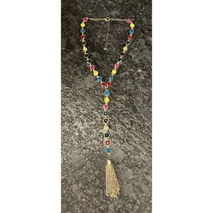 Goldtone Bezel Rainbow Jewel Lariat “Y” Necklace w/Tassel Multicolor Adjustable